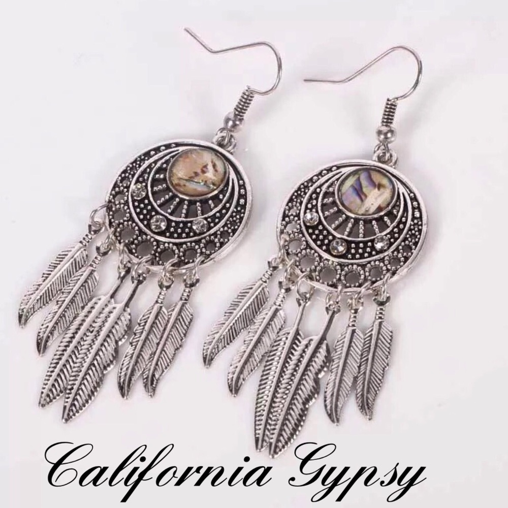 Silver Abalone Feather Bohemian Earrings - Picture 8 of 9